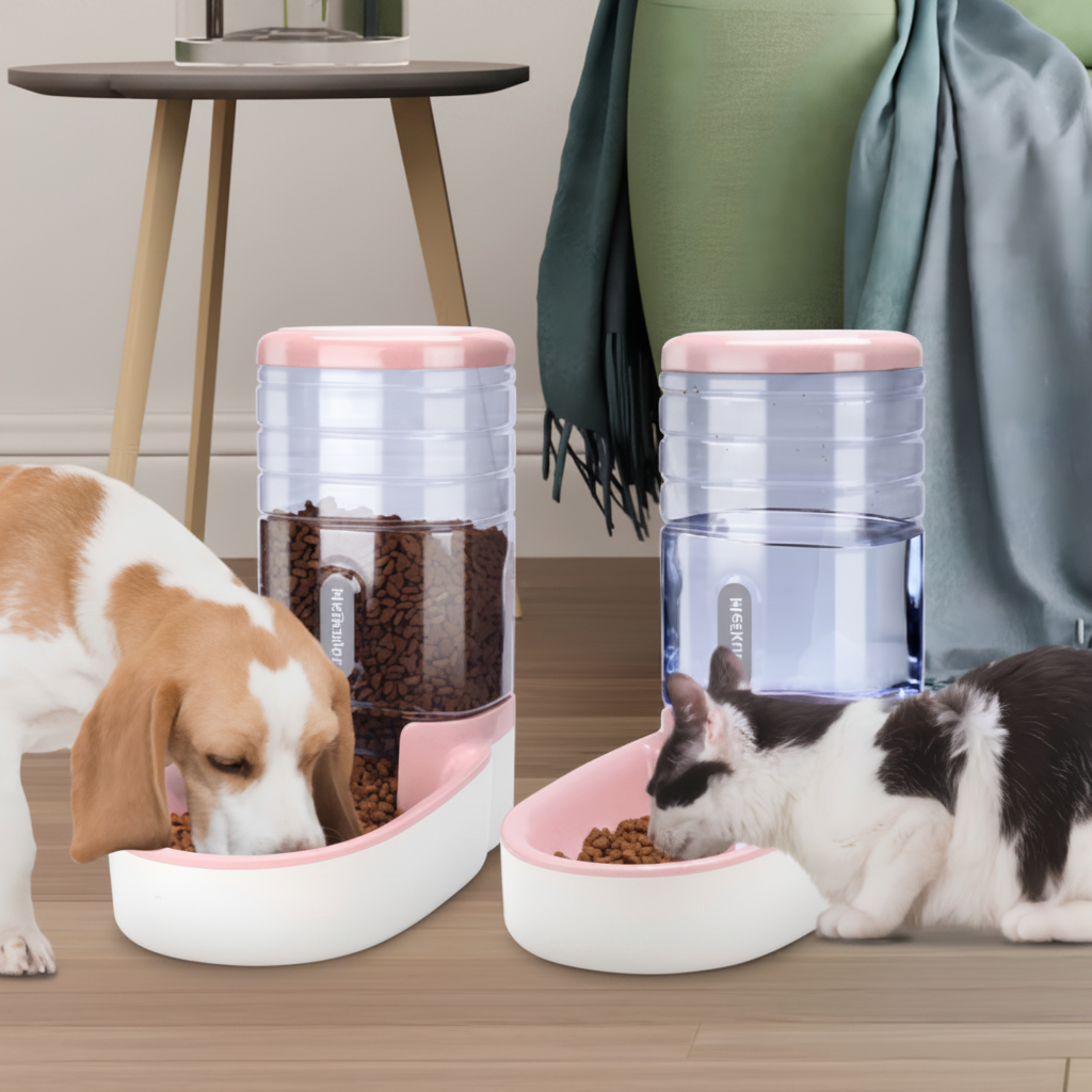 Two automatic pet water and food dispensers with pink and white bowls, shown with a dog and a cat in a home setting.