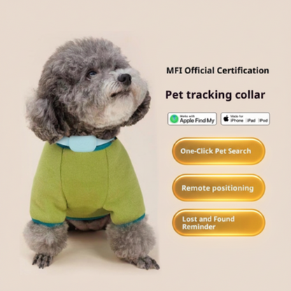 A gray poodle wearing a green pet tracking collar sweater, shown on a beige background with feature callouts and Apple Find My / Apple iPad / iPhone compatibility badges.