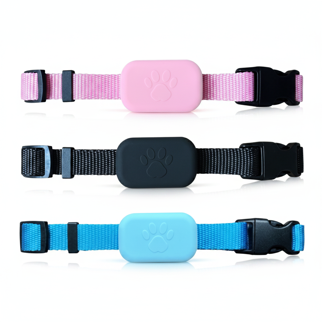 Three dog collars with pink, black, and blue bands on a white background