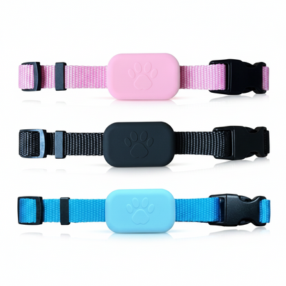 Three dog collars with pink, black, and blue bands on a white background