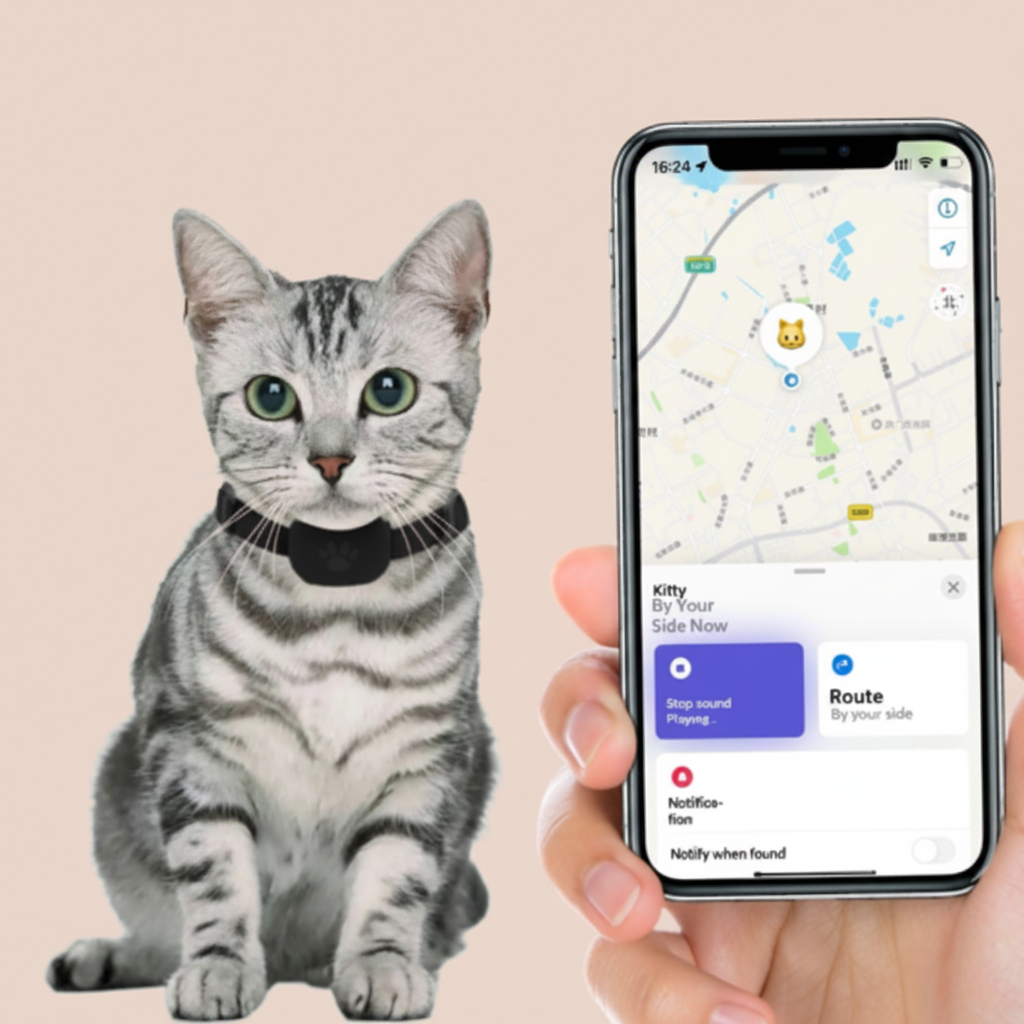 Cat wearing a collar with a smartphone displaying a pet tracking app on a beige background