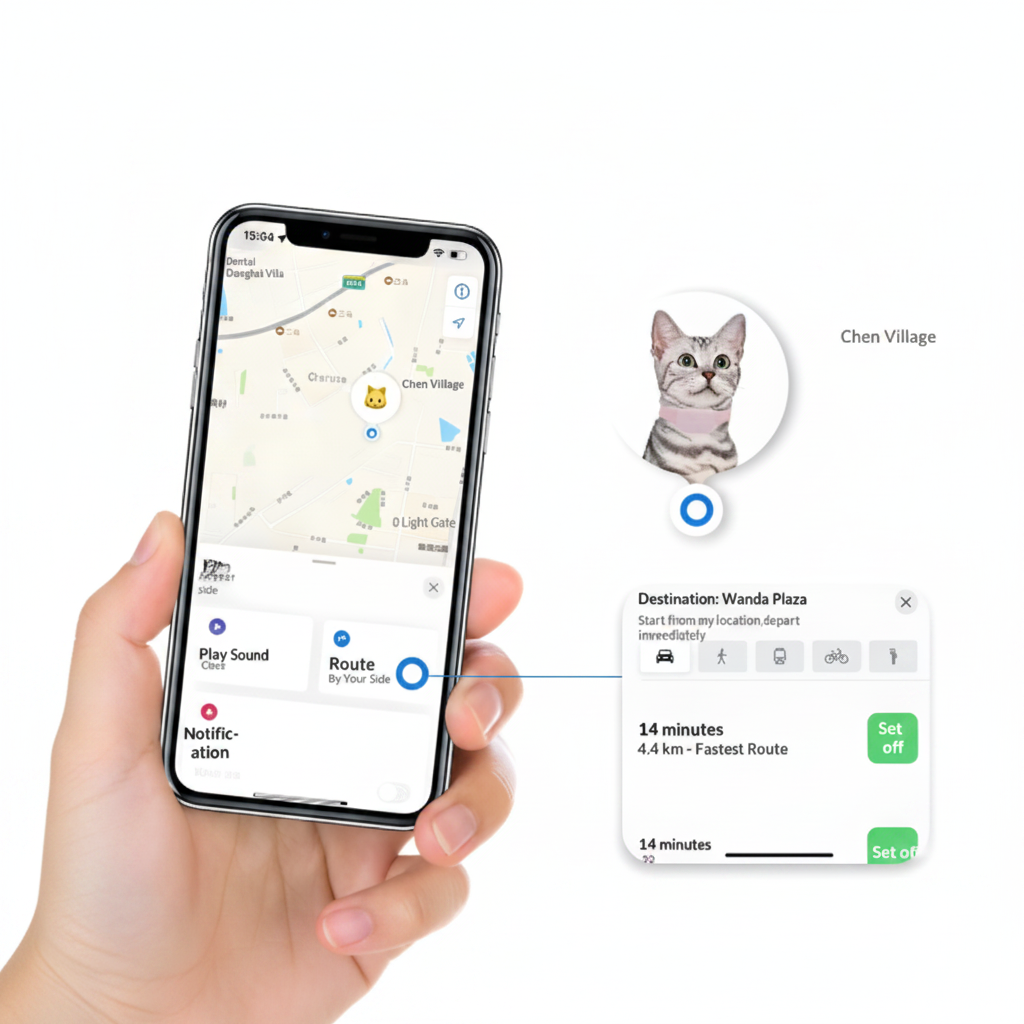 A hand holds a smartphone displaying a pet tracking app interface with a map and a cat profile labeled 'Chen Village.' A separate screen panel shows destination details for 'Wanda Plaza' with a green 'Set off' button.