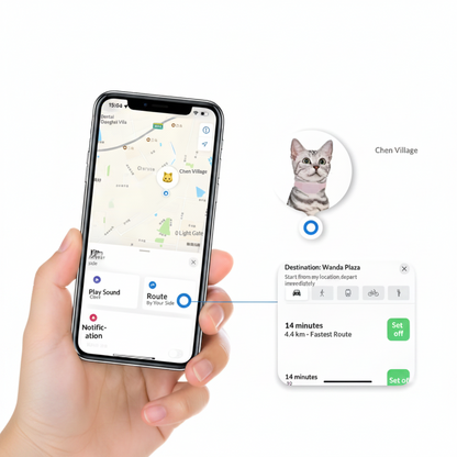 A hand holds a smartphone displaying a pet tracking app interface with a map and a cat profile labeled 'Chen Village.' A separate screen panel shows destination details for 'Wanda Plaza' with a green 'Set off' button.